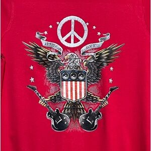 Freedom rock, patriotic colored graphic on red women boyfriend fit T-shirt NWOT
